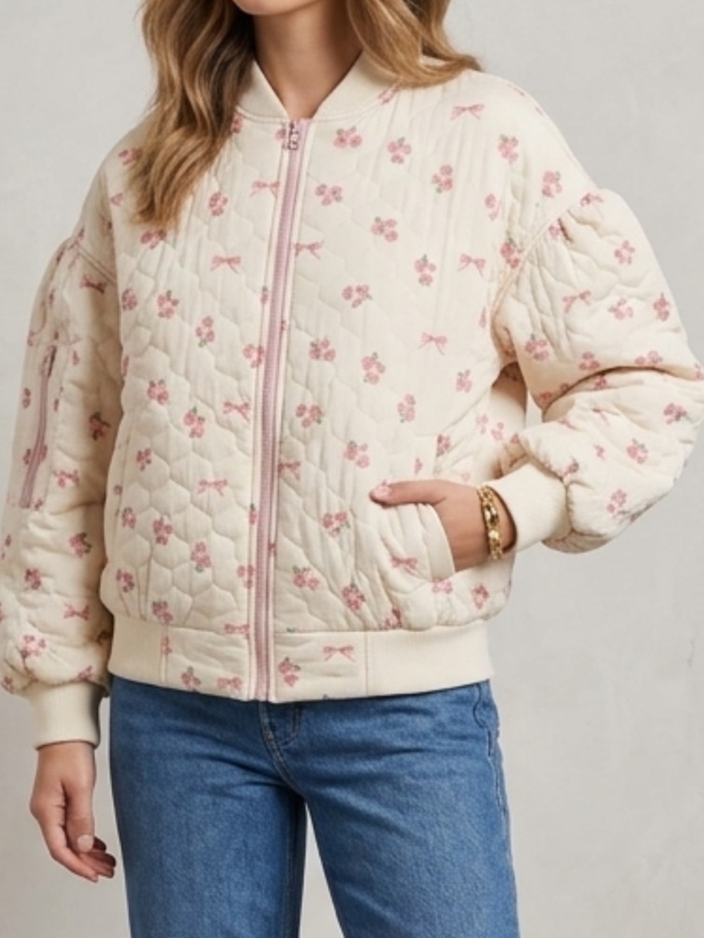 Very J Quilted Floral Bow Bomber Jacket Cream Pink Small NWT Will Fit Medium
